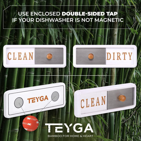 TEYGA Bamboo Dishwasher Clean Dirty Magnet Sign, with Stainless Steel Window - Dishwasher Magnet Clean Dirty, No-Scratch Strong Magnets, 2 Double-Sided Stickers, Dirty Clean Dishwasher Magnet Cover