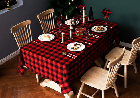 Wracra Cotton Linen Christmas Checkered Rectangle Tablecloth Rustic Buffalo Plaid Table Cover for Kitchen Dinning Room Party Home Picnic (Red and Black, 55"×71")