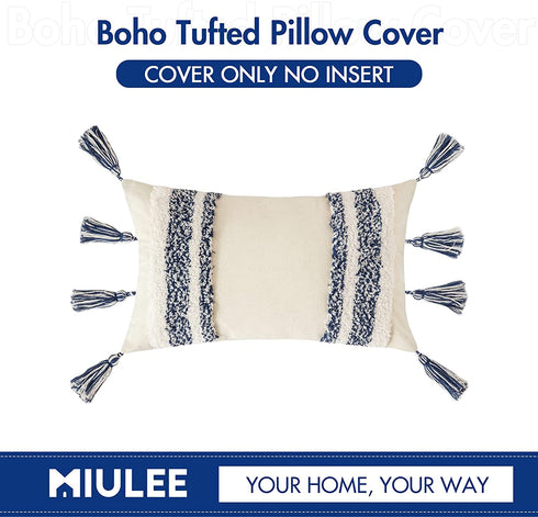 MIULEE Decorative Throw Pillow Cover Tribal Boho Woven Tufted Pillowcase with Tassels Rectangle Pillow Sham Pillowcase Cushion Case for Sofa Couch Bedroom Car Living Room 12x20 Inch Dark Blue