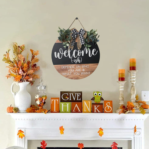 Welcome Sign Front for Door Decoration, 12 in Round Wood Wreaths Wall Hanging Outdoor, Farmhouse, Porch, for Spring Summer Fall All Seasons Holiday Christmas (Black)