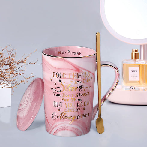 Best Friends, Friendship Gifts for Women Birthday Gifts for Women Birthday Gifts Ideas for Her, Friends Female, Besties, Sister, BFF Ceramic Marble Coffee Mug Gifts Box Printed Gold 14oz Pink
