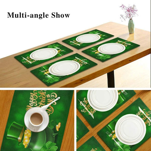 Wamika St Patricks Day Clover Placemats Set of 4 Gold Coins Pot Shamrock Table Mats Burlap Placemat Washable Non-Slip Heat Resistant Place Mats for Party Kitchen Dining Decorations 12 X 18 in