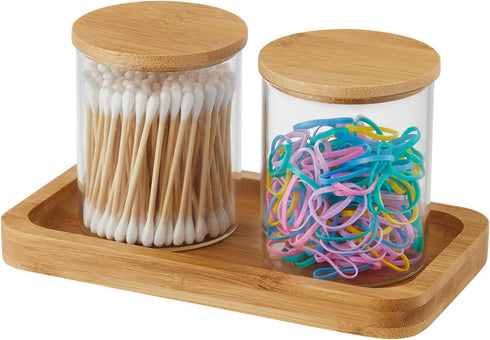 YININE Bamboo Vanity Tray, Bathroom Tray Organizer Glass Qtip Holder Dispenser Apothecary Jars for Cotton Swabs Balls Round Pad Perfume Candles Cosmetics Jewelry Makeup