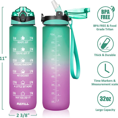 32 oz Water Bottle with Sleeve - BPA Free Leakproof Sport Large 1L Plastic Motivational Water Bottle with Straw & Strap & Insulated Neoprene Holder Carrier Bag Great Xmas Gift for Kids Women Men