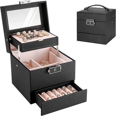 ProCase Jewelry Box for Girl Women Traveling, Ideal Gift Small 3 Layers Jewelry Organizer Display Storage Holder Case with Mirror Lock for Earrings Rings Necklaces Bracelets -Black