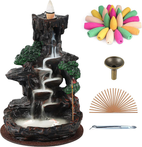 SOLEJAZZ Backflow Incense Burner Waterfall Incense Holder Mountain Tower Incense Holders, with 120 Backflow Incense Cones, 30 Incense Sticks, Home Decor Aromatcherapy Ornamen