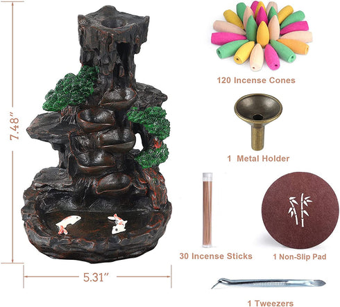 SOLEJAZZ Backflow Incense Burner Waterfall Incense Holder Mountain Tower Incense Holders, with 120 Backflow Incense Cones, 30 Incense Sticks, Home Decor Aromatcherapy Ornamen