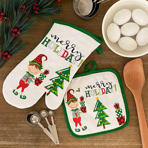 Elrene Home Fashions Elf Naughty or Nice Oven Mitt and Pot Holder Gift Set of 2, 7 in x 13 8 in x 8, Multi