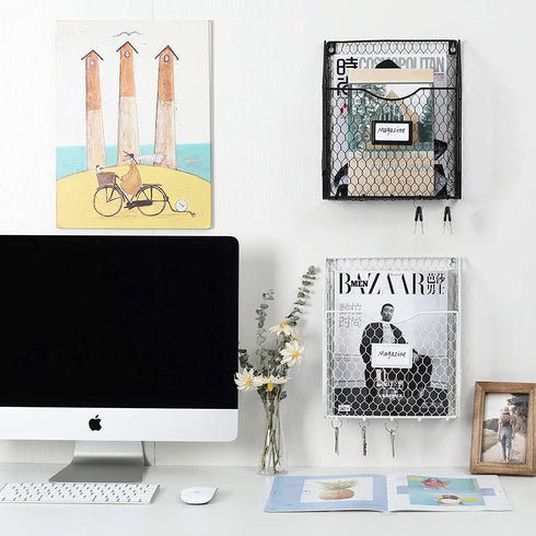 Superbpag Wall File Holder Hanging Folder Document Organizer Metal Chicken Wire Wall Mount Magazine Rack Mail Sorter for Home Office and Entryway, White