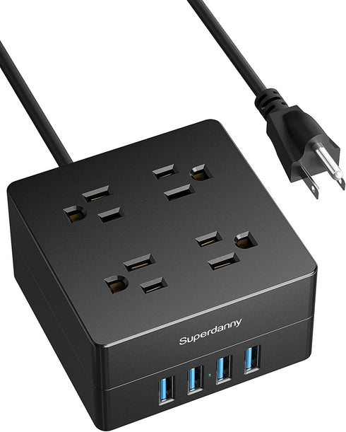 Power Strip, SUPERDANNY 4-Outlet 4-USB Surge Protector, 5 Ft Extension Cord, 900 Joules, Overload Switch, Grounded, Mountable, Desktop Charging Station for Home, Office, School, Dorm, Computer, Black