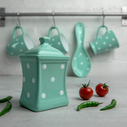 Handmade Teal Blue and White Polka Dot Small 5.3oz/150ml Ceramic Kitchen Herb, Spice, Storage Jar with Lid, Pottery Canister, Housewarming Gift by City to Cottage®