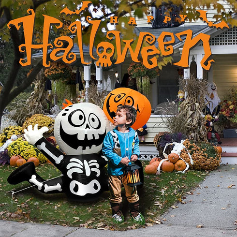 Halloween Inflatables 5 FT Cute Skeleton Holding up Pumpkin, Blow up Yard Decorations Clearance with bulit-in LED Lights, Outdoor Inflatable Halloween Decorations for Holiday Party Garden Lawn Decor