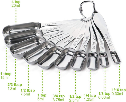 FANGSUN Stainless Steel Narrow Measuring Spoons, Heavy Duty Metal Measuring Spoons with Long Handle and Engraved Measurements Set of 10, For Dry or Liquid, Fits in Spice Jar