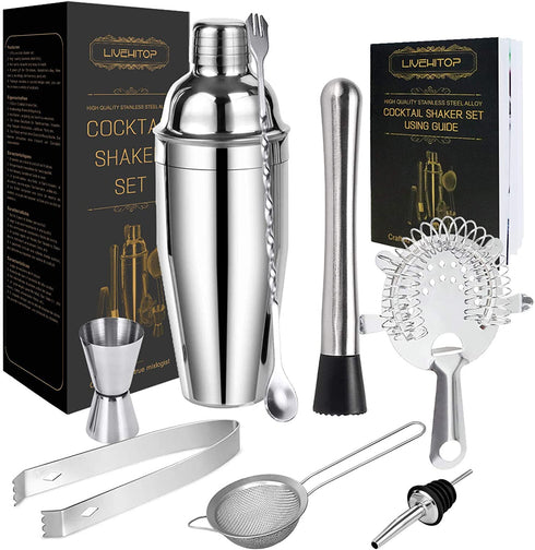 LIVEHITOP Cocktail Shaker Set, Stainless Steel Bartending Kit Valentines' Day Gifts with 25 oz Martini Shaker, Jigger, Strainer, Mixing Spoon, Muddler, Recipe, Professional Bar Tools Him Her