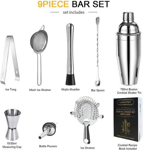 LIVEHITOP Cocktail Shaker Set, Stainless Steel Bartending Kit Valentines' Day Gifts with 25 oz Martini Shaker, Jigger, Strainer, Mixing Spoon, Muddler, Recipe, Professional Bar Tools Him Her