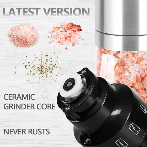 JXXM Gravity Electric Salt and Pepper Grinder Set, Automatic One Hand Pepper Mill Grinder with Battery Operated 2 Pack