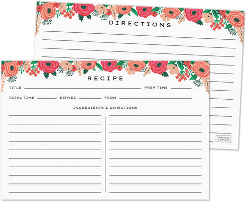 Sweetzer & Orange 4x6 Recipe Cards. Set of 50x Floral, Blank Recipe Cards 4x6 Inches Double Sided. Large Recipe Index Card Fits Standard 4x6 Recipe Box.