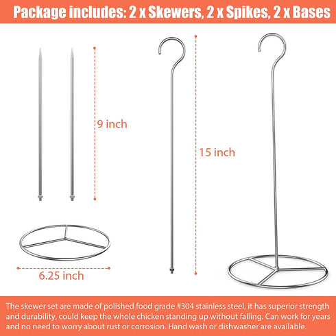 6 Pieces Stainless Steel Vertical Skewer Set, (2x15''Skewers,2x9˜™Spikes& 2x6.25˜™Bases), Multifuntion Barbecue Spike& Poultry Hanger Set for Webber,Bronco, Pit Barrel,Green Egg Smoker,etc