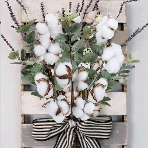 GTIDEA 18.3" Cotton Plant Decor 12 Balls Cotton Flower Stems Farmhouse Greenery Flowers with Eucalyptus Leaves Artificial Floral Arrangement for Home Party Wedding Wreath Wall Decor (3 Pcs)