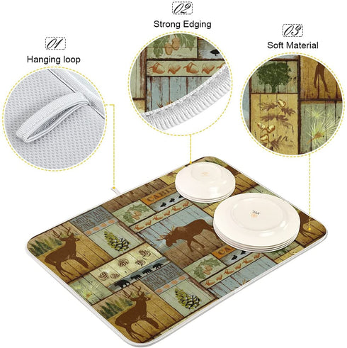 Moose Deer Cabins Dish Drying Mat 18x24 inch Microfiber Wildlife Bear Dish Drainer Mat with Hanging Loop Reversible Animal Forest Dish Draining Mat Retro Cabin Drying Pad for Kitchen Counter Sink
