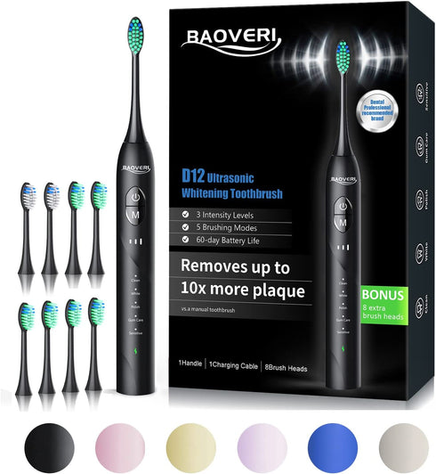 BAOVERI Electric Toothbrush with 8 Brush Heads for Adults&Kids, Sonic Electric Toothbrushes, 5 Modes&3 Intensity Levels, 2 Minutes Smart Timer, 4 Hours Fast Charge for 60 Days (Black)