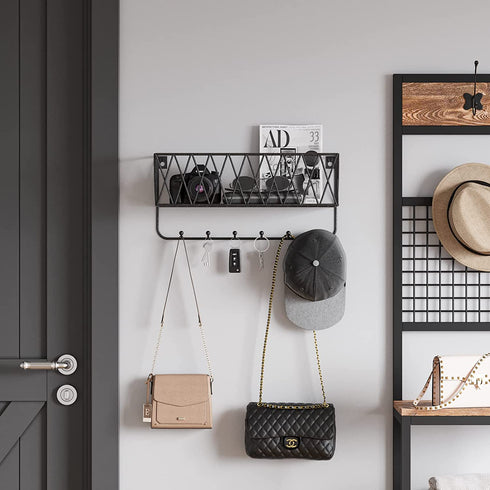 OROPY Entryway Mail Holder with Key Hooks, 14"L—4.7"W—6.5"H, Wall Mounted Matte Black Metal Wire Mesh Storage Basket with 6 Hooks, Easy to Organize Letters, Magazines, Keys, Leashes for Entryway