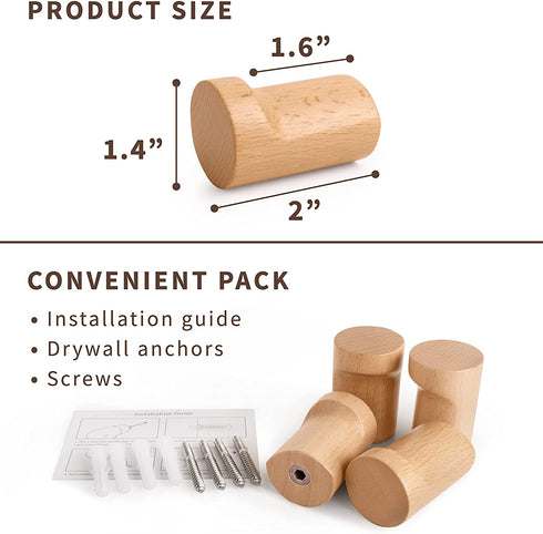 NAUMOO Natural Wooden Wall Hooks - Pack of 4 - Wall Mounted Hook - Modern Wood Coat Rack - Decorative Wooden Pegs for Hanging Hat, Towel, or Purse (Beech Wood)
