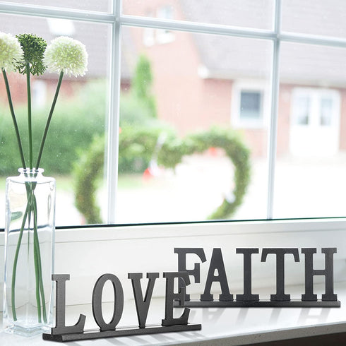 4 Pieces Love Faith Hope Family Wood Word Sign Black Wooden Cutout Letter Table Sign Rustic Letter Tabletop Decorations Freestanding Wood Sign for Home Room Fireplace Table Centerpiece Decoration