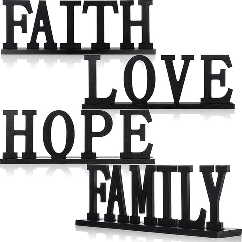 4 Pieces Love Faith Hope Family Wood Word Sign Black Wooden Cutout Letter Table Sign Rustic Letter Tabletop Decorations Freestanding Wood Sign for Home Room Fireplace Table Centerpiece Decoration