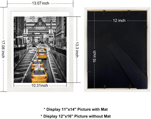 Finefrarm 12x16 White Picture Frame to Display 11x14 Photo with Mat or 12 by 16 Picture Without Mats Picture Frames Wall Art for Living Room Wall Mounting and Tabletop Decor