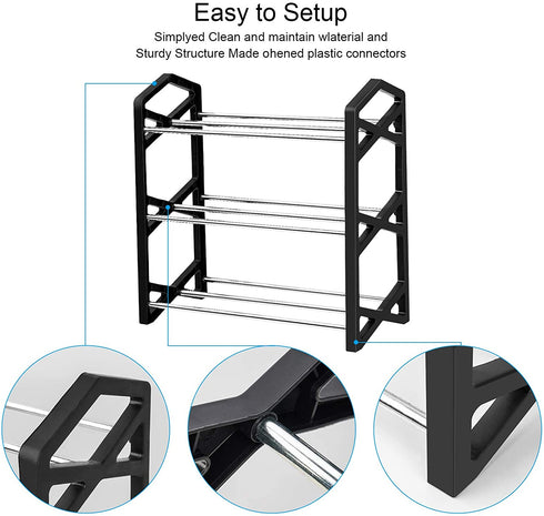 NiHome 3-Tier Shoe Rack Multifunctional Sturdy Steel Organizer Compact Small Size Lightweight 6 Pairs Footwear Freestanding Shelf for Closet Hallway Entryway Living Room Bedroom X Shape Frames (Black)