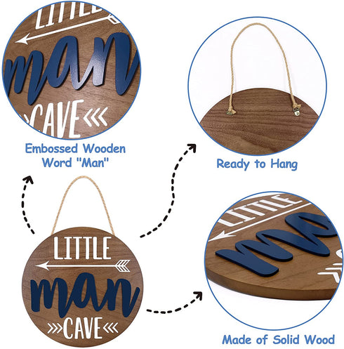 Little Man Cave Wooden Round Door Sign for Little Boy Nursery Room Wall Art Natural Wood Baby Toddler Kids Bedroom Living Room Hanging Rustic Farmhouse Decor -Blue