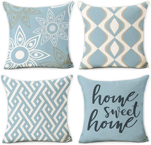 Hexagram Home Decorative Pillow Covers 18 x 18 Inch Set of 4 Blue Modern Geometric Soft Linen Throw Pillow Covers Cushion Case for Couch Sofa Living Room Patio Indoors Outdoors Style Home Decor