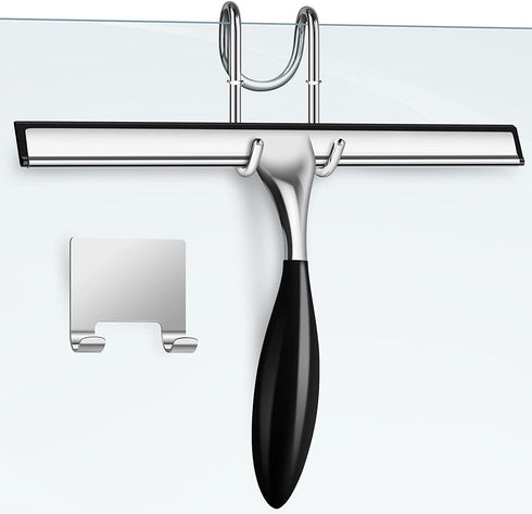 Shower Squeegee Set(12-Inch),Squeegee for Shower Glass Door,Stainless Steel Window Squeegee with Shower Door Hook and Adhesive Hook,for Glass Doors, Mirror,Bathroom, Window-Black