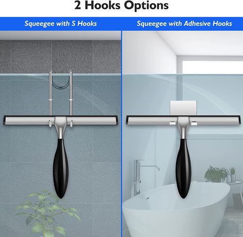 Shower Squeegee Set(12-Inch),Squeegee for Shower Glass Door,Stainless Steel Window Squeegee with Shower Door Hook and Adhesive Hook,for Glass Doors, Mirror,Bathroom, Window-Black