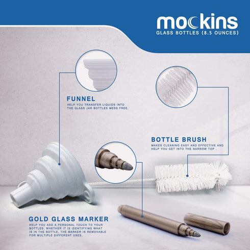 Mockins Set of 6 | 8.5 Oz. Glass Bottle Set with Swing Top Stoppers and Includes Bottle Brush , Funnel and Gold Glass Marker | Clear Glass Water Bottle