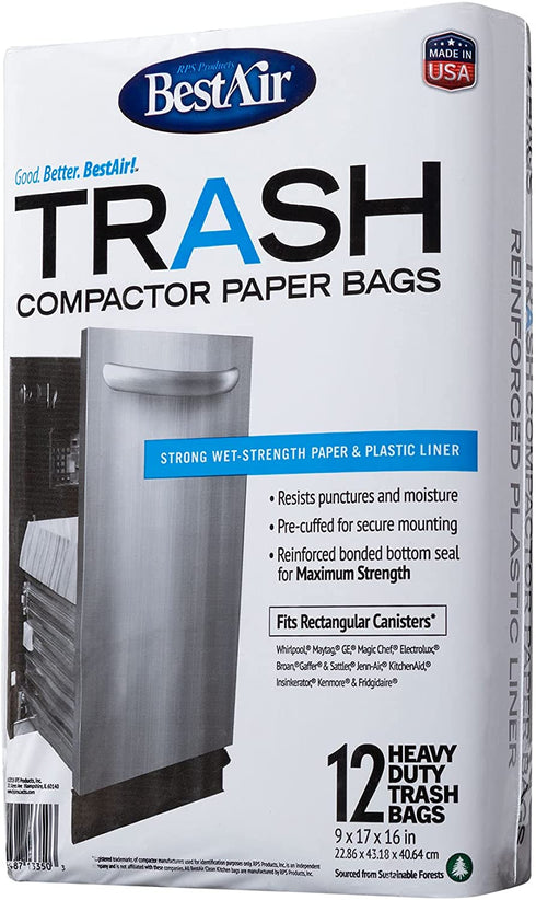 BestAir WMCK1335012-6 Heavy Duty Trash Compactor Bags, 16'' D x 9'' W x 17'' H, Pack of 1 (12 Bags)
