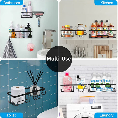 BBtang Shower Caddy, Shower Organizer Adhesive Wall Mounted Shelf with 11 Hooks, No Drilling Black Shower Racks Basket Shelves Stainless Steel Bathroom Storage Shampoo Holder for Toilet Kitchen 2 Pack