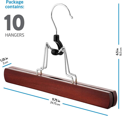 High-Grade Wooden Pants Hangers with Clips 10 Pack Non Slip Skirt Hangers, Smooth Finish Solid Wood Jeans/Slack Hanger with 360° Swivel Hook - Pants Clip Hangers for Skirts, Slacks - Clamp Hangers