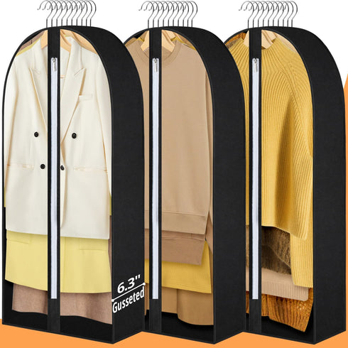 FADOTY 40" Hanging Garment Bag for Storage 6.3" Gusseted Garment Bags for Hanging Clothes Storage Jacket Covers for Closet with Zipper Clear Garment Cover Dustproof for Coats Sweaters, 3 Pack, Black
