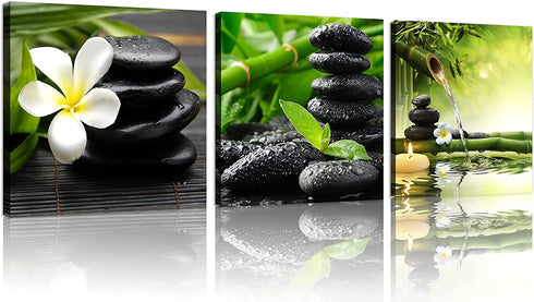TutuBeer 3 Panel Zen Canvas Wall Art Still Life SPA Stone Green Bamboo White Frangipani Flower Pictures Prints on Canvas for Home Office Kitchen Wall Decor Stretched and Framed Each Panel 12x12inch