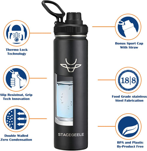 STACEGEELE Insulated Vacuum Water Bottle with Spout Lid & Screw on Top | Stainless Steel Flask For Kids Leak Proof Lightweight Eco Friendly 18oz / 24oz / 32 oz / 40oz(24oz Black)