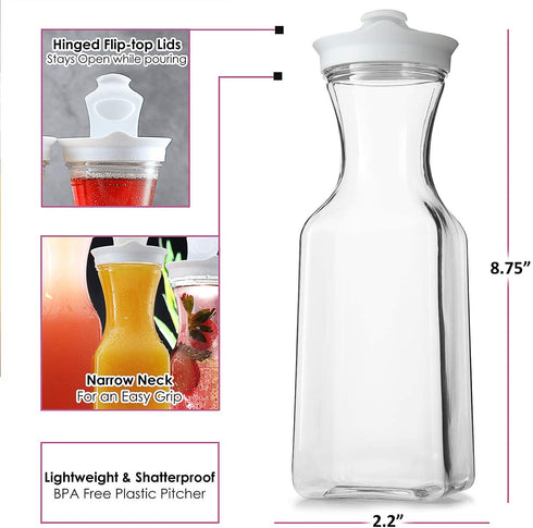 Carafes for Mimosa Bar - 6 Pack 32 Oz Plastic Carafe Square Base Water Pitcher - Pitcher with Lid and Spout - Juice Containers with lids for Fridge BPA Free Pitcher for Parties Not Dishwasher Safe