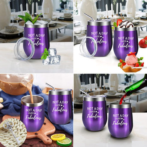 Not a Day Over Fabulous Wine Tumbler, Funny Birthday Wine Gifts with Saying for Women, Birthday Gifts Ideas for Her, 12 OZ Stainless Steel Wine Tumbler with Lid Straw Cupcake Wine Socks Bottle Opener