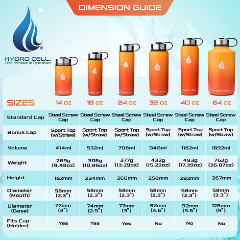 HYDRO CELL Stainless Steel Water Bottle w/ Straw & Wide Mouth Lids (64oz 40oz 32oz 24oz 18oz 14oz) - Keeps Liquids Perfectly Hot or Cold with Double Wall Vacuum Insulated Sweat Proof Sport Design (Red/Orange 24oz)