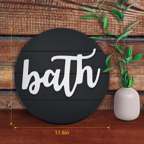 Modern Rustic 3D Bath Sign,Shiplap Farmhouse Bathroom Round Sign for Wall Hanging Decor, Handcrafted €œBath Sign Home Wooden Sign (Matt Black)