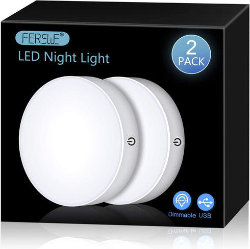 FERSWE Rechargeable Tap Lights, Dimmable Touch Night Lights with 1000mAh Large Battery , Stick on Light for Closet, Bedroom, Bathroom and Cabinet (2 Pack)