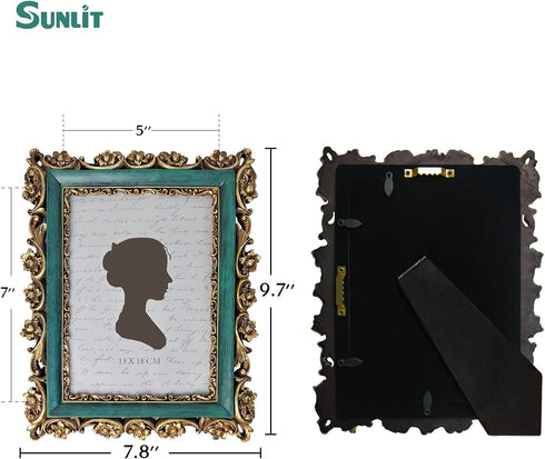 Sunlit Vintage Picture Frame 5x7 Inch, Luxury Antique Photo Frames with Glass Front, Photo Display, Tabletop Wall Hanging, Gift Ideas, Dark Green and Bronze Gold
