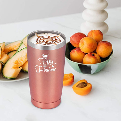 Cpskup 50th Birthday Gifts for Women, Fifty Fabulous Stainless Steel Insulated Travel Tumbler with Lids, Funny Christmas Birthday Gifts for Women Mom Grandma Sister Friends Coworkers(20oz, Rose Gold)