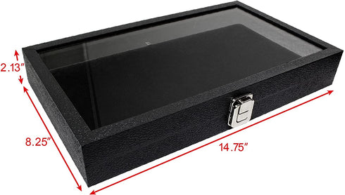 Ikee Design Leatherette Wooden Jewelry Display Case with Glass Top and Black Velvet Pad, Home Organization Storage Box, Wooden Jewelry Tray for Collectibles, 14.75"W x 8.25"D x 2.13''H